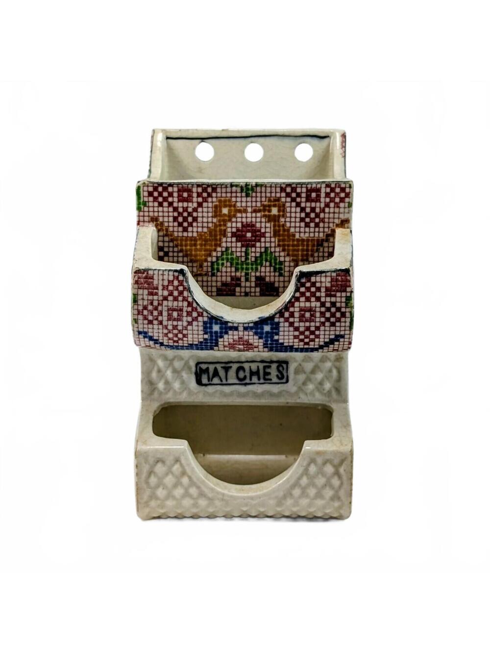 Retro Cross-stitch Pattern Ceramic Matchbook Holder Wall Striker 6.25"